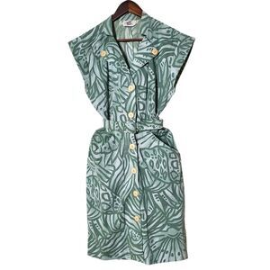 Vintage Wild Jungle Dress Size 11/12 Green 80s Tropical Belted USA Pin-Up Womens